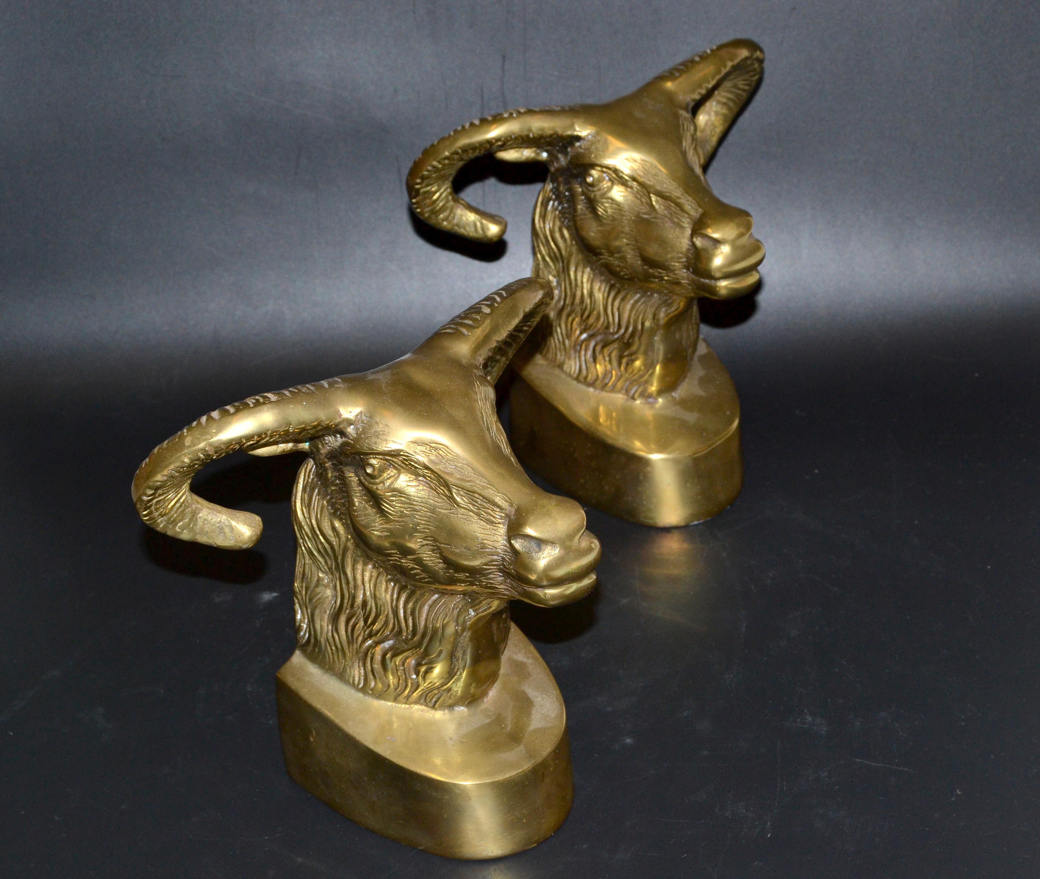 Vintage Cast Bronze Rams Head Bookends, Pair 2