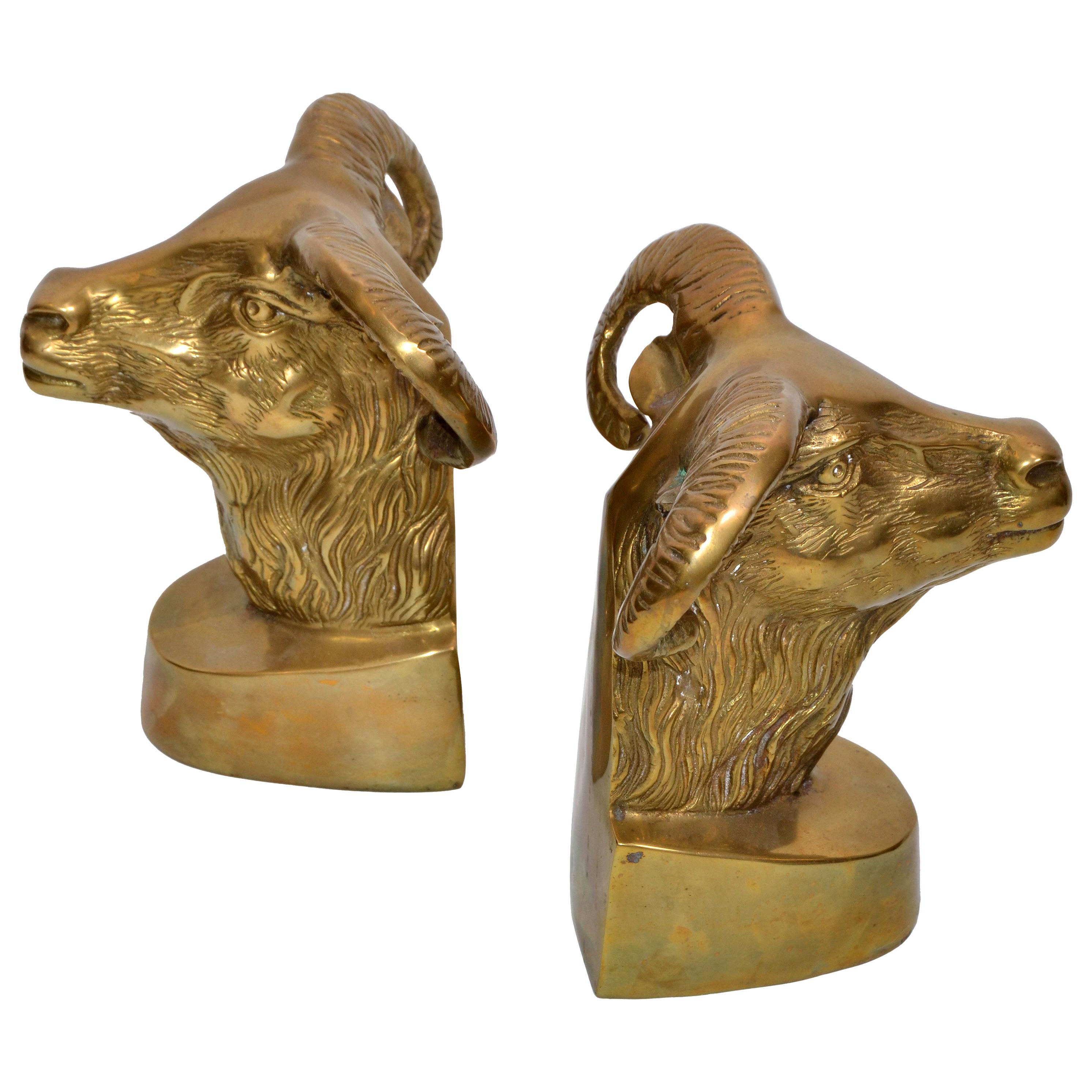 Vintage Cast Bronze Rams Head Bookends, Pair