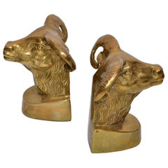 Vintage Cast Bronze Rams Head Bookends, Pair