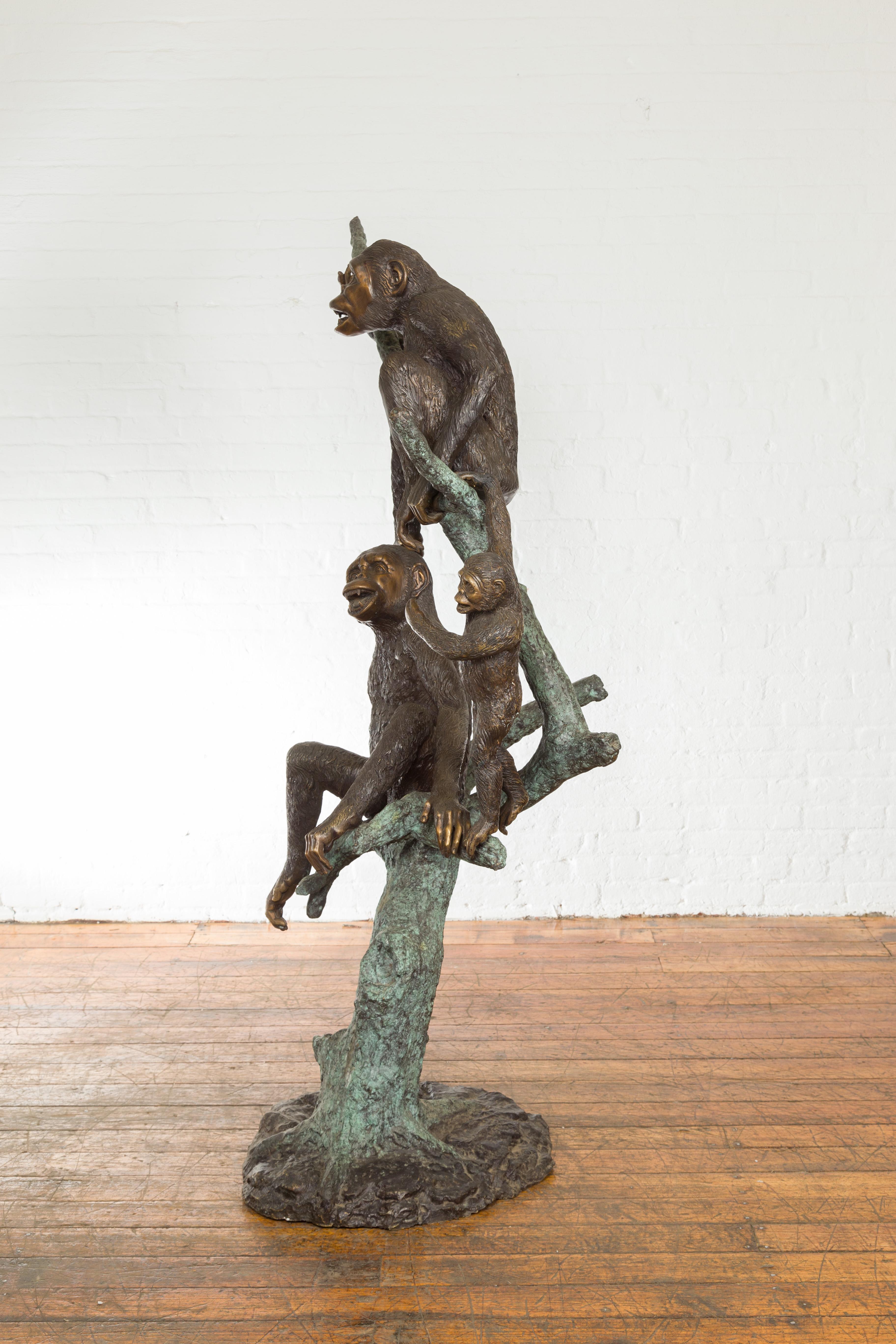 Vintage Cast Bronze Sculpted Group of Three Monkeys Sitting in a Verdigris Tree For Sale 7