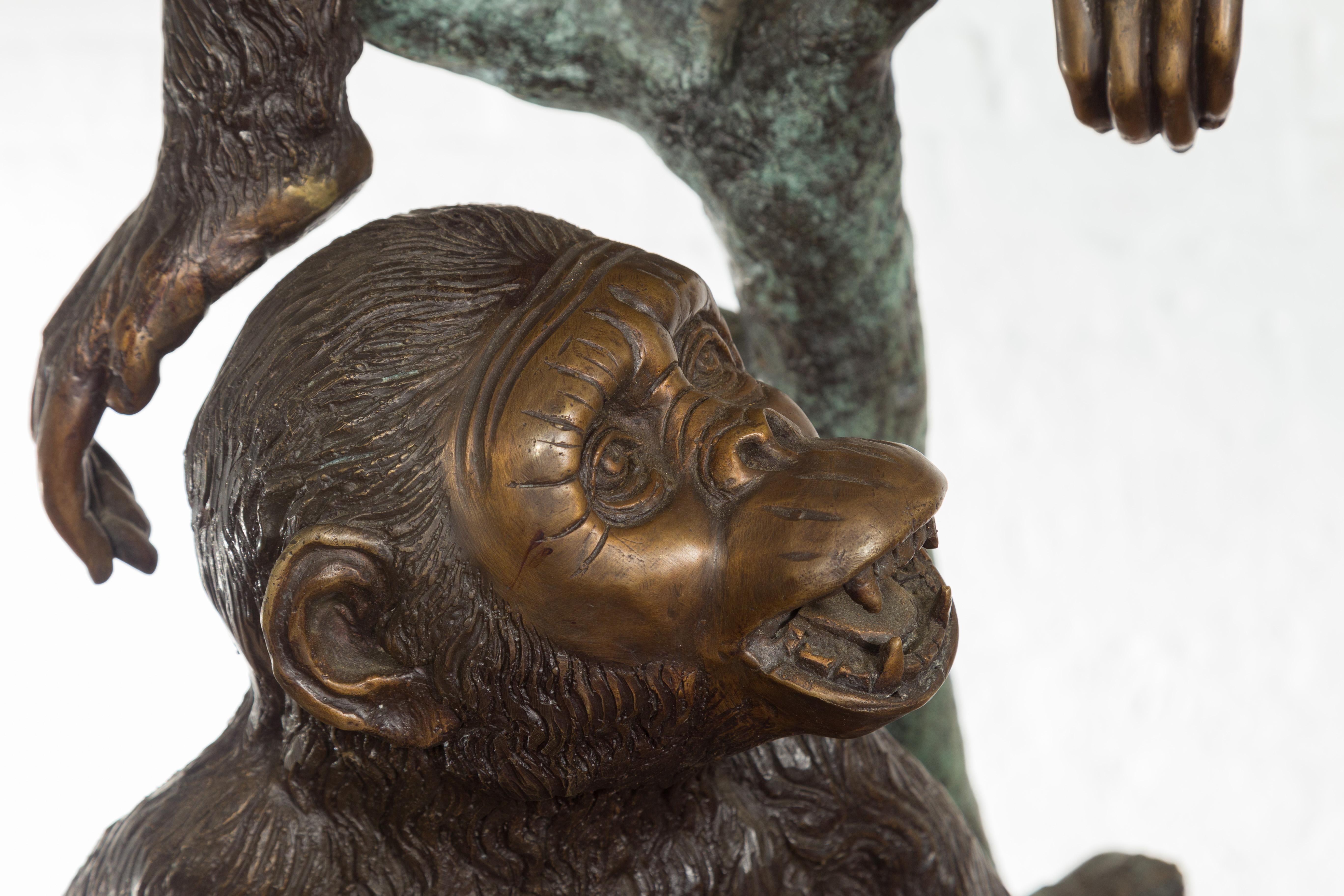 Vintage Cast Bronze Sculpted Group of Three Monkeys Sitting in a Verdigris Tree For Sale 2