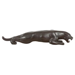 Vintage Cast Bronze Sculpture of Skulking Jaguar on the Prowl with Dark Patina
