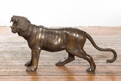Vintage Cast Bronze Statue of a Roaring Tiger with Textured Finish