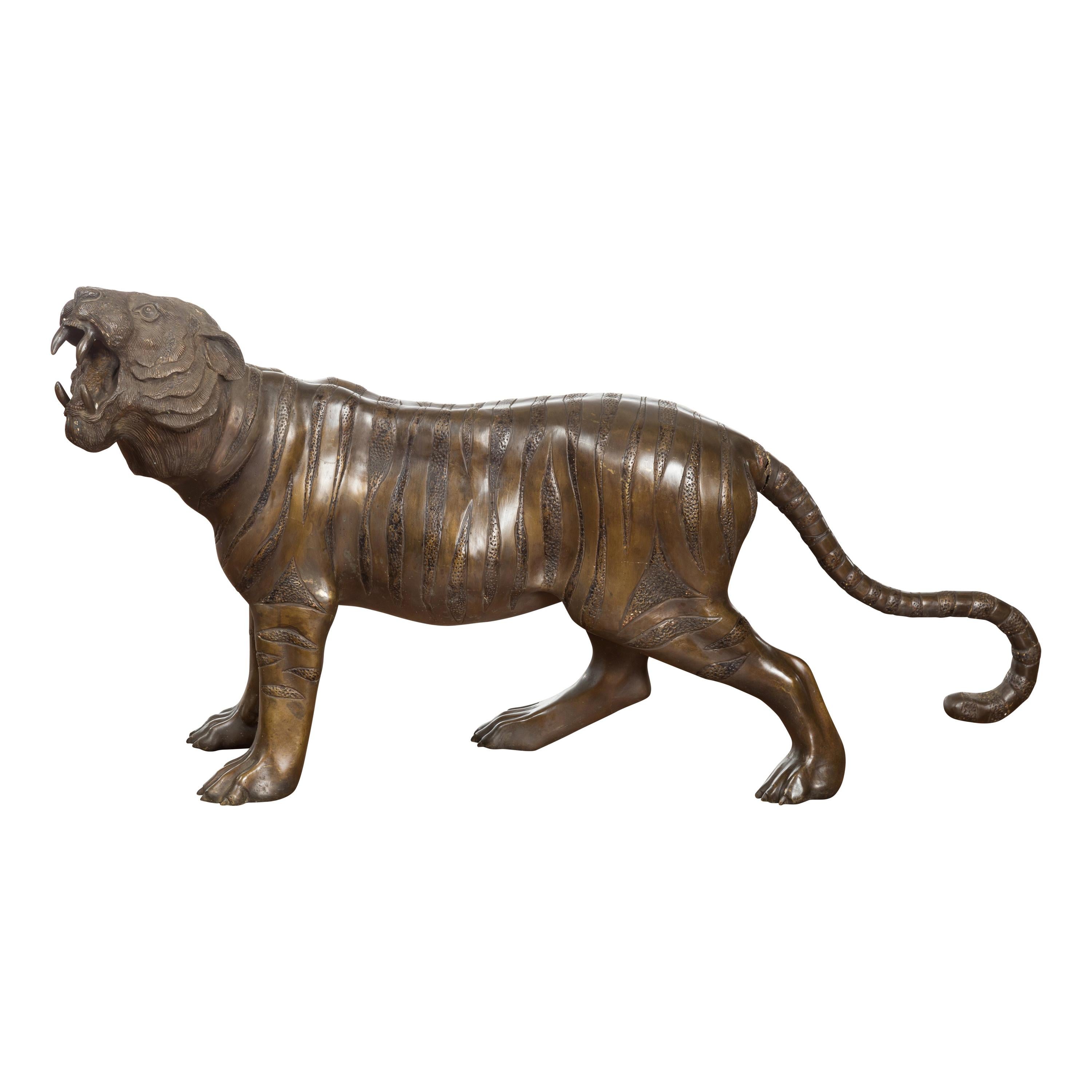 Vintage Cast Bronze Statue of a Roaring Tiger with Textured Finish