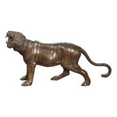 Retro Cast Bronze Statue of a Roaring Tiger with Textured Finish