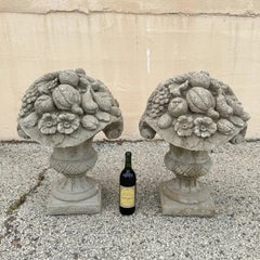 Vintage Cast Cement Stone 26" Fruit & Flower Basket Garden Lawn Ornament - Pair