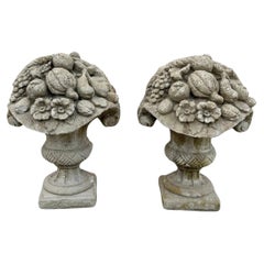 Vintage Cast Cement Stone 26" Fruit & Flower Basket Garden Lawn Ornament - Pair