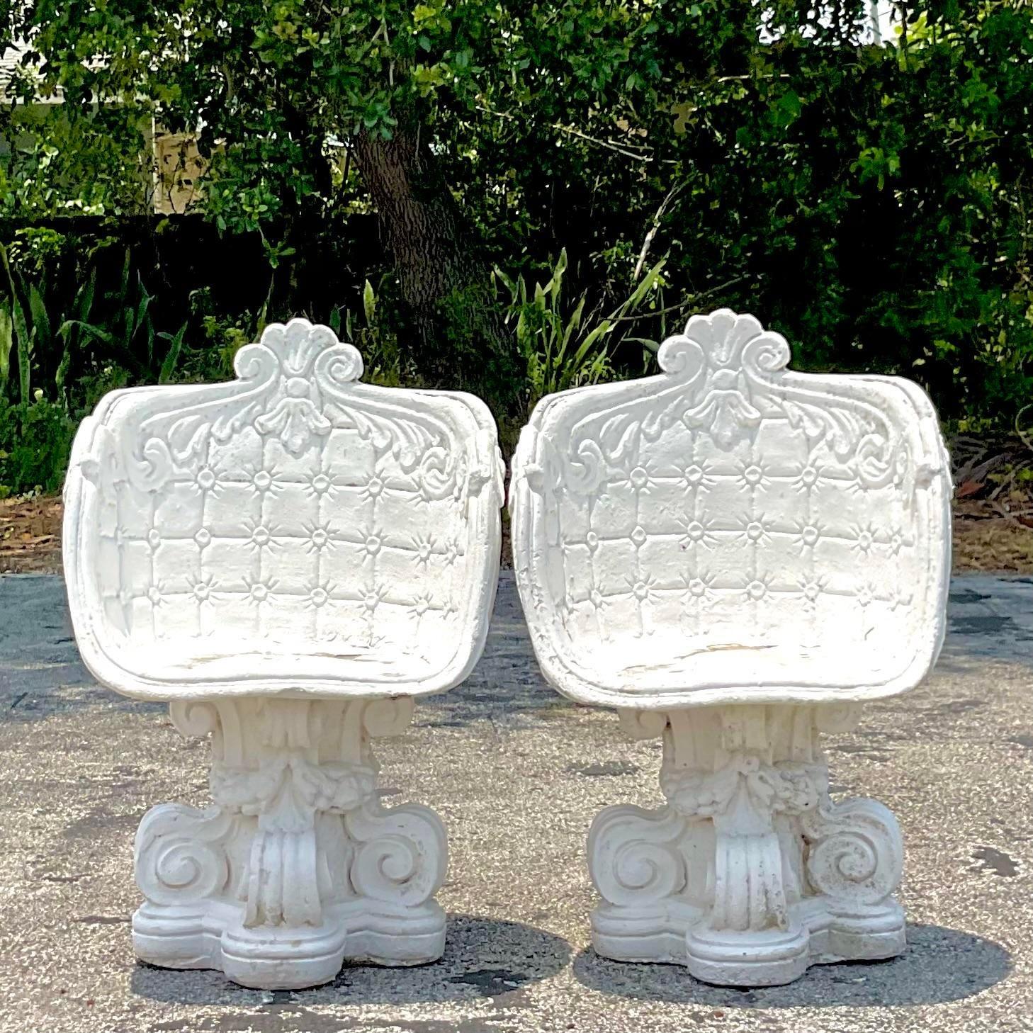 Enhance your outdoor living area with this pair of Vintage Cast Concrete Outdoor Lounge Chairs. American-style design meets durability in these sturdy, elegantly crafted chairs, perfect for adding a touch of timeless sophistication and comfort to