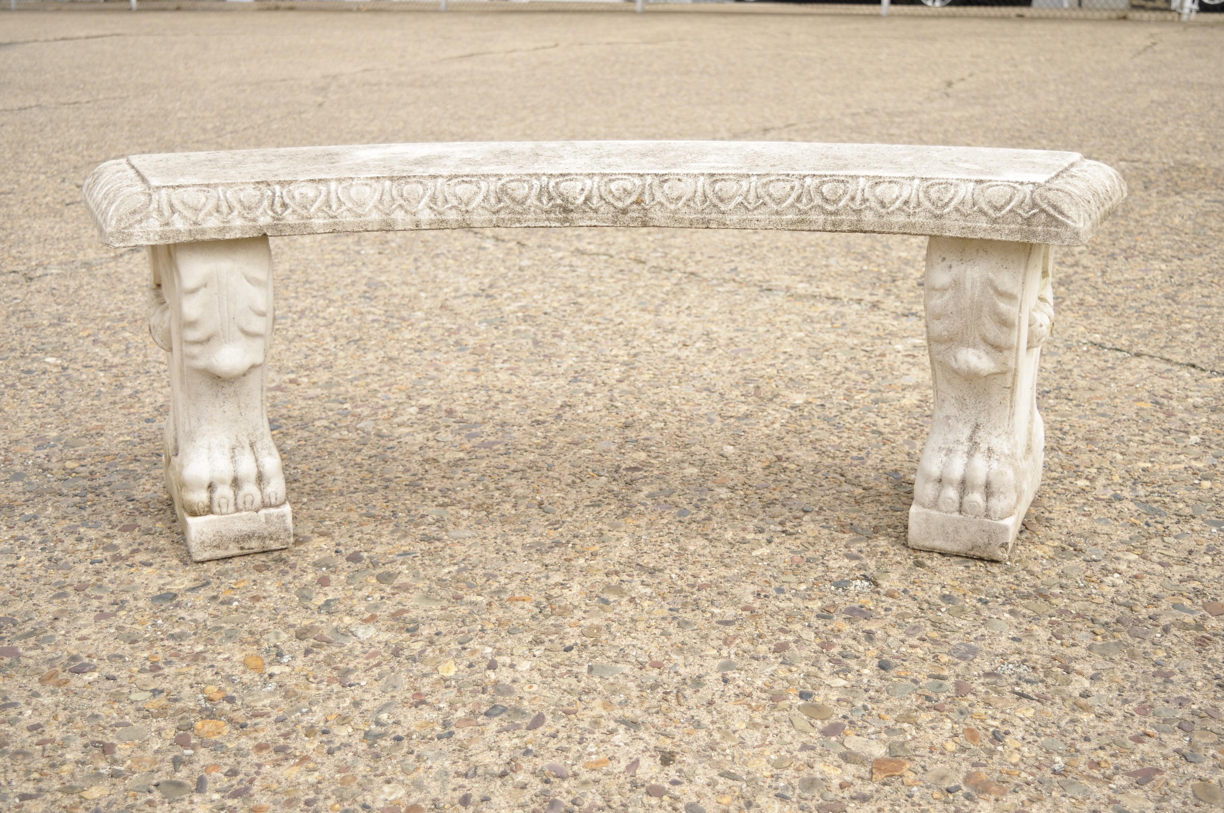 Vintage Cast Concrete Paw Feet French Regency Style Curved Garden Bench 4
