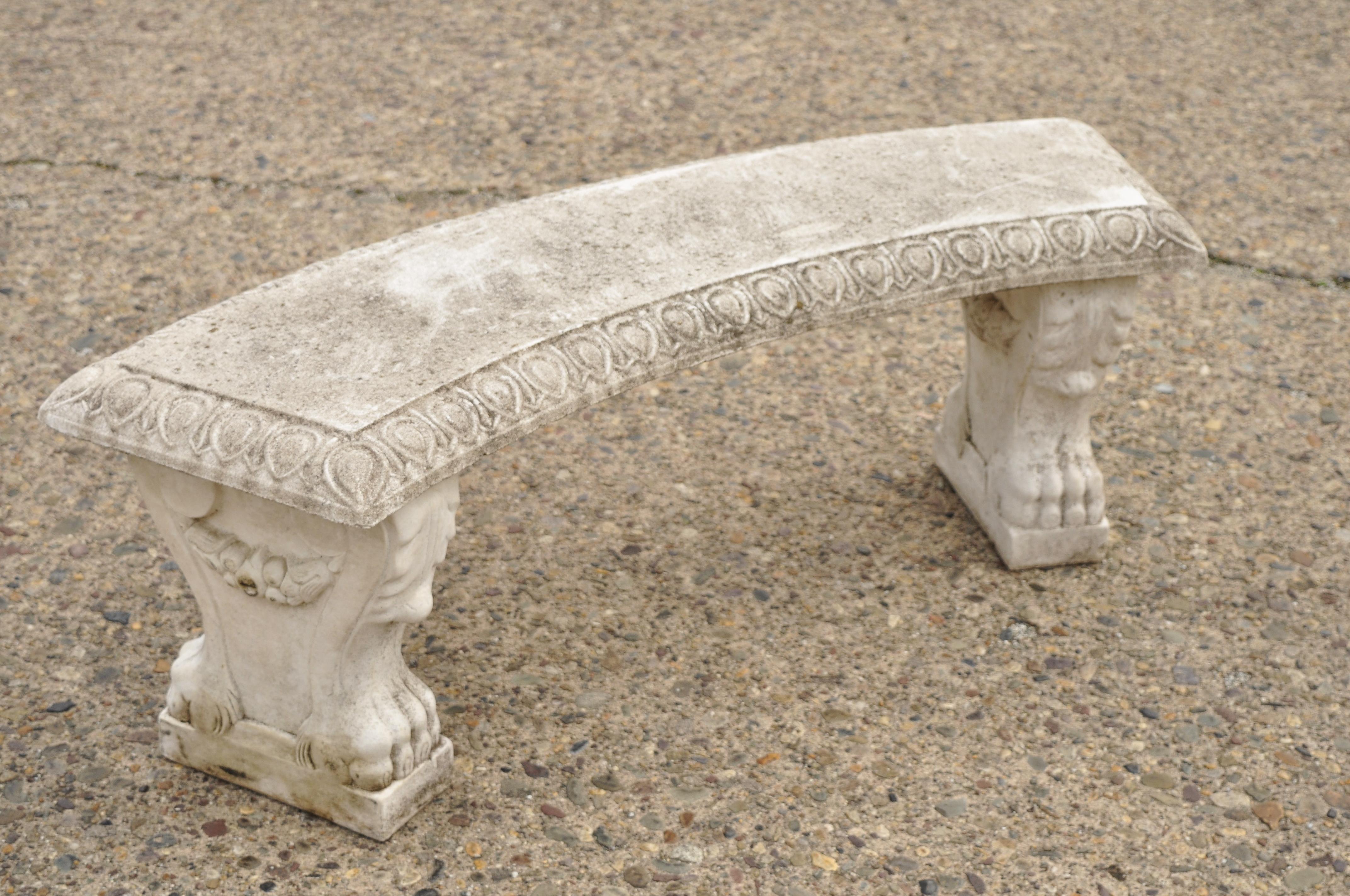 Vintage Cast Concrete Paw Feet French Regency Style Curved Garden Bench 5