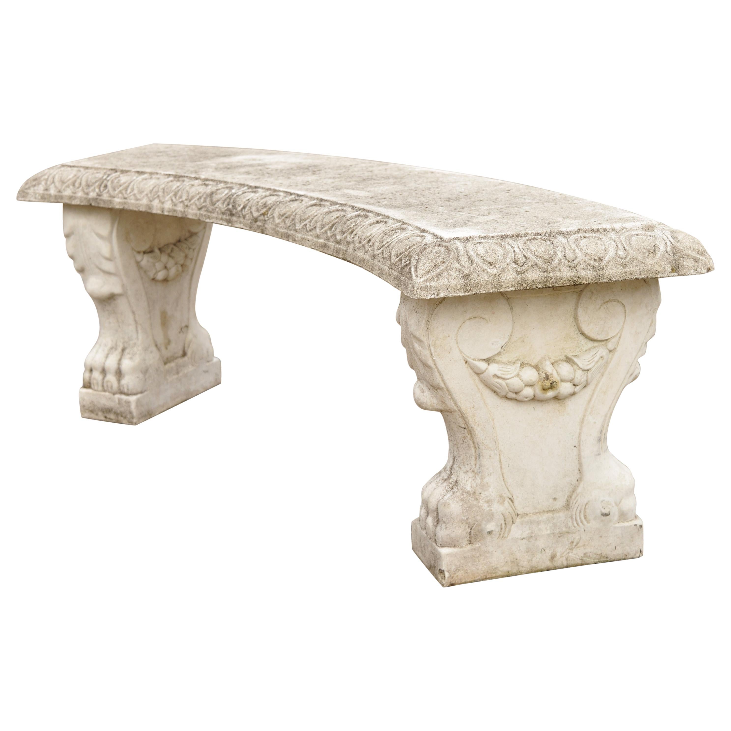 Vintage Cast Concrete Paw Feet French Regency Style Curved Garden Bench