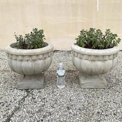 Vintage Cast Concrete Stone 15" Round Cement Urn Garden Planter Pot - a Pair