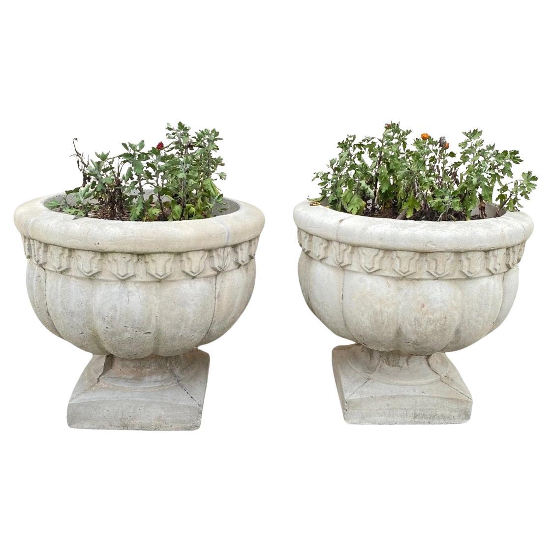 Vintage Cast Concrete Stone 15" Round Cement Urn Garden Planter Pot - a Pair For Sale