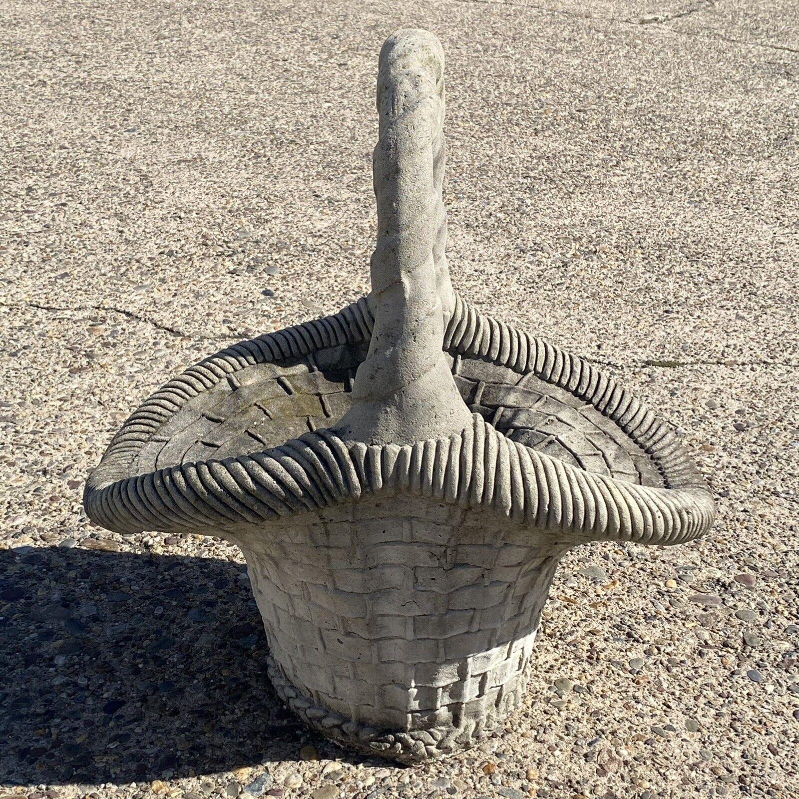 Vintage Cast Concrete Stone Large Garden Planter Woven Basket with Handle For Sale 2