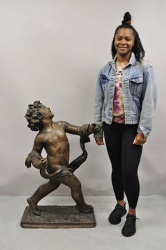 Vintage Cast Fiberglass Bronze Finish Merry Walking Cherub Statue Sculpture