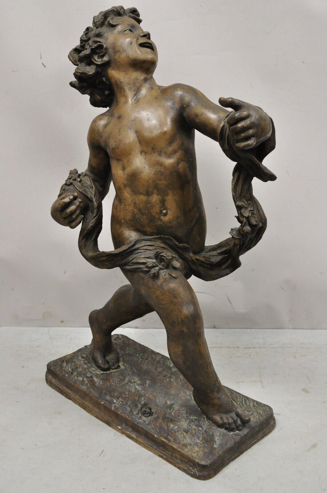 American Classical Vintage Cast Fiberglass Bronze Finish Merry Walking Cherub Statue Sculpture