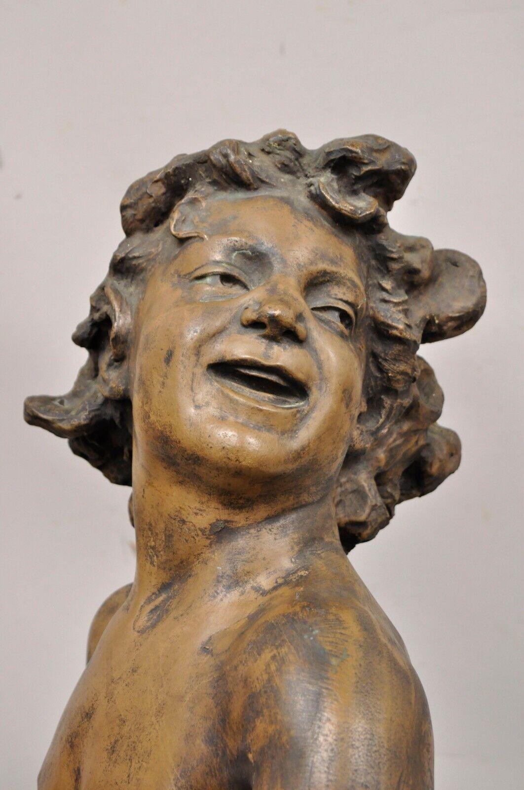 Vintage Cast Fiberglass Bronze Finish Merry Walking Cherub Statue Sculpture In Good Condition In Philadelphia, PA
