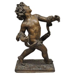 Retro Cast Fiberglass Bronze Finish Merry Walking Cherub Statue Sculpture