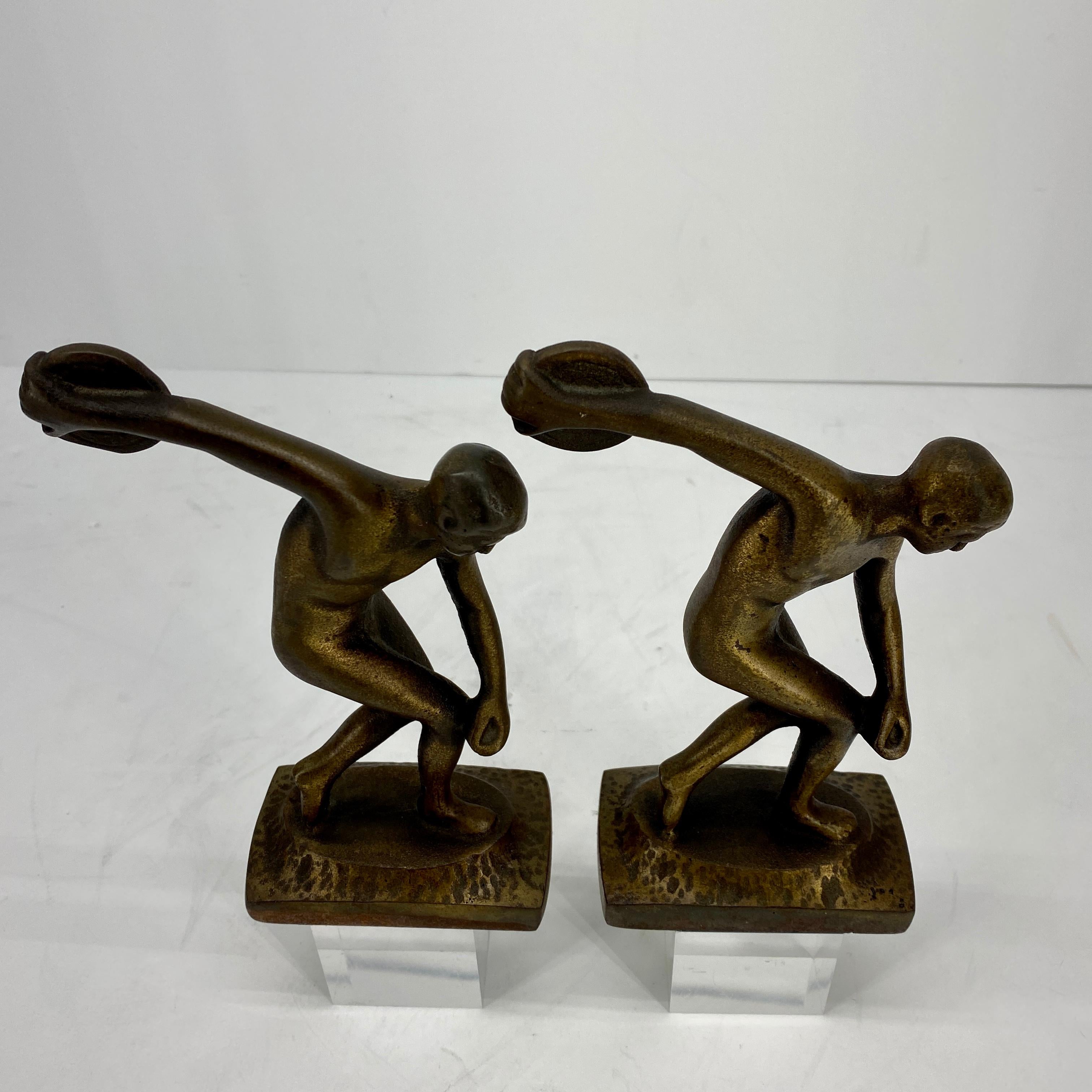 Vintage Cast Iron and Bronzed Overlay Bookends of Male Discus Thrower 2