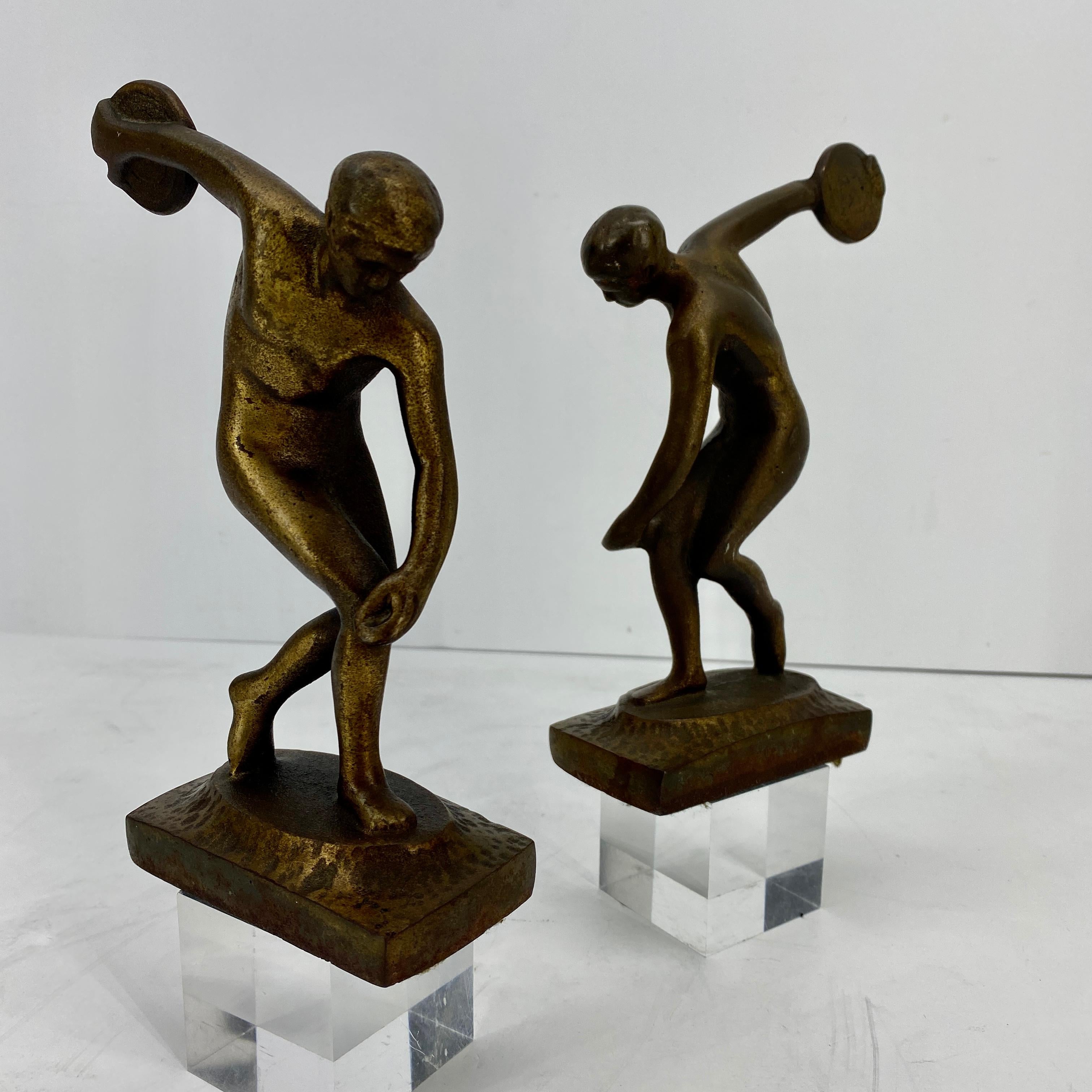 Vintage Cast Iron and Bronzed Overlay Bookends of Male Discus Thrower 3