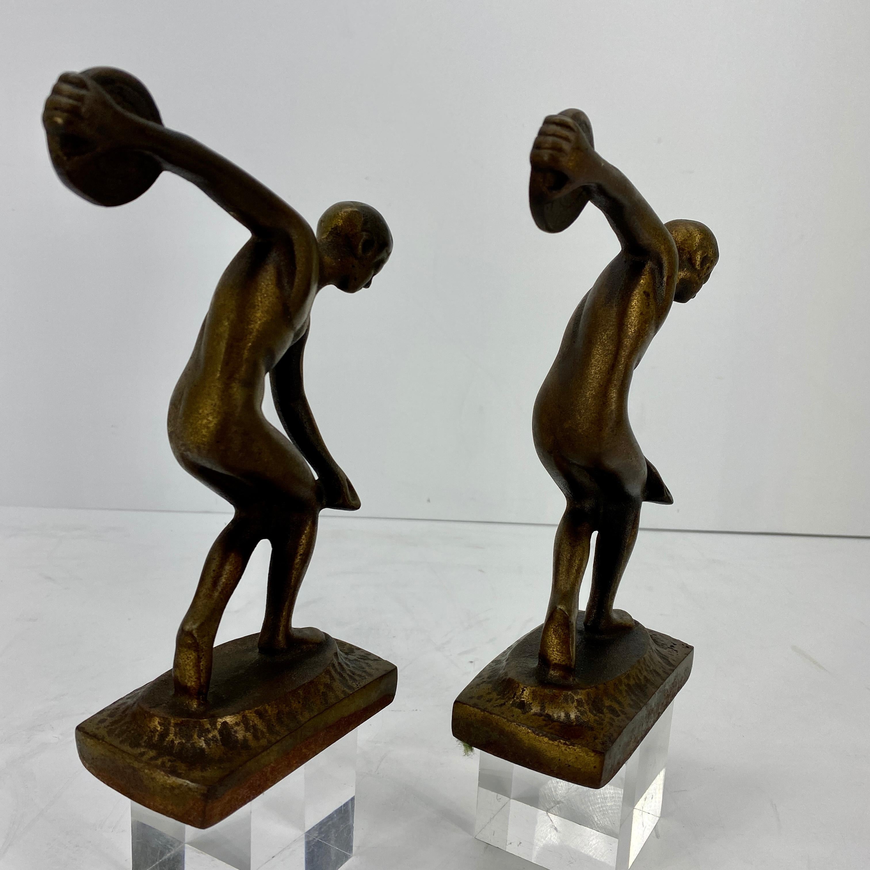 Vintage Cast Iron and Bronzed Overlay Bookends of Male Discus Thrower 4