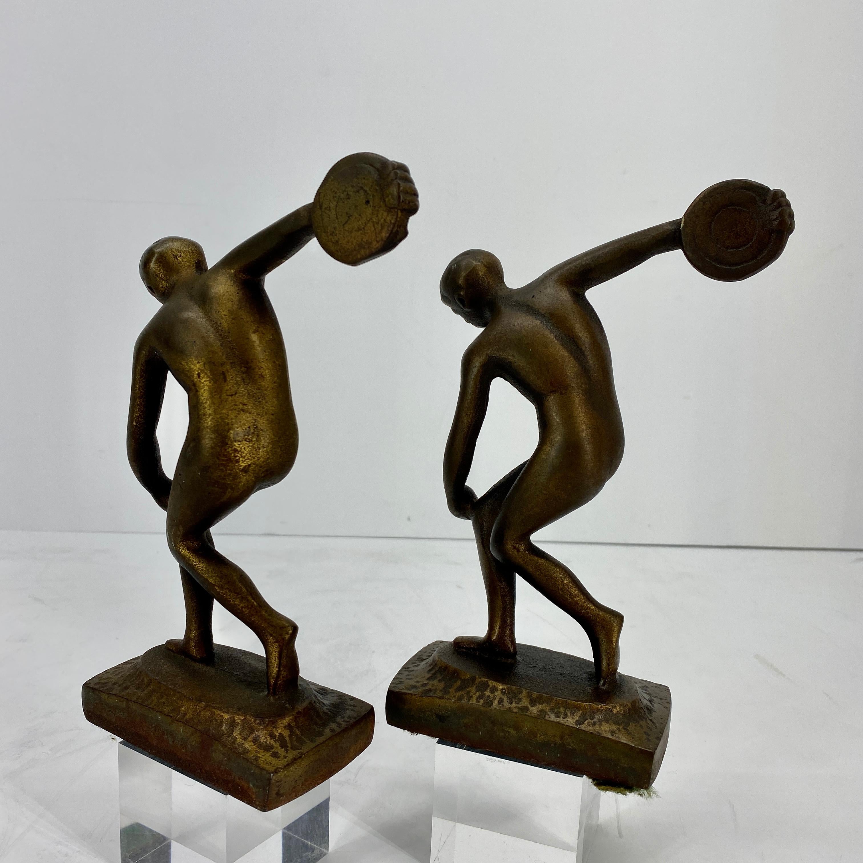 Vintage Cast Iron and Bronzed Overlay Bookends of Male Discus Thrower 6