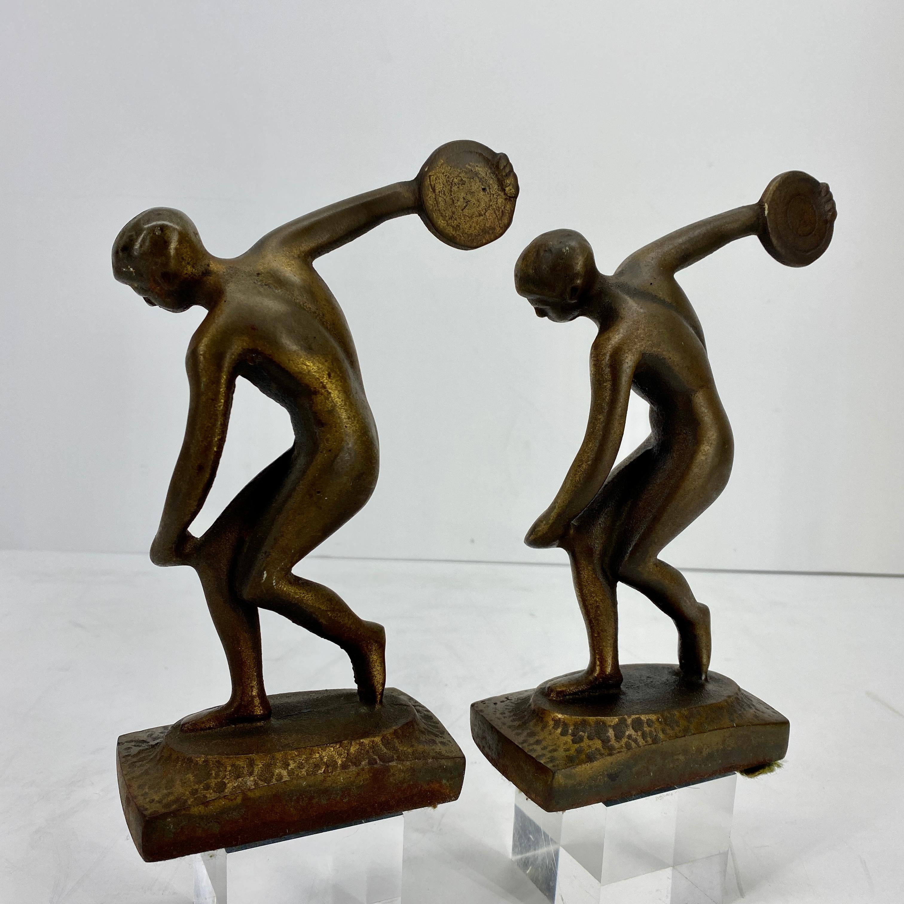 Vintage Cast Iron and Bronzed Overlay Bookends of Male Discus Thrower 9