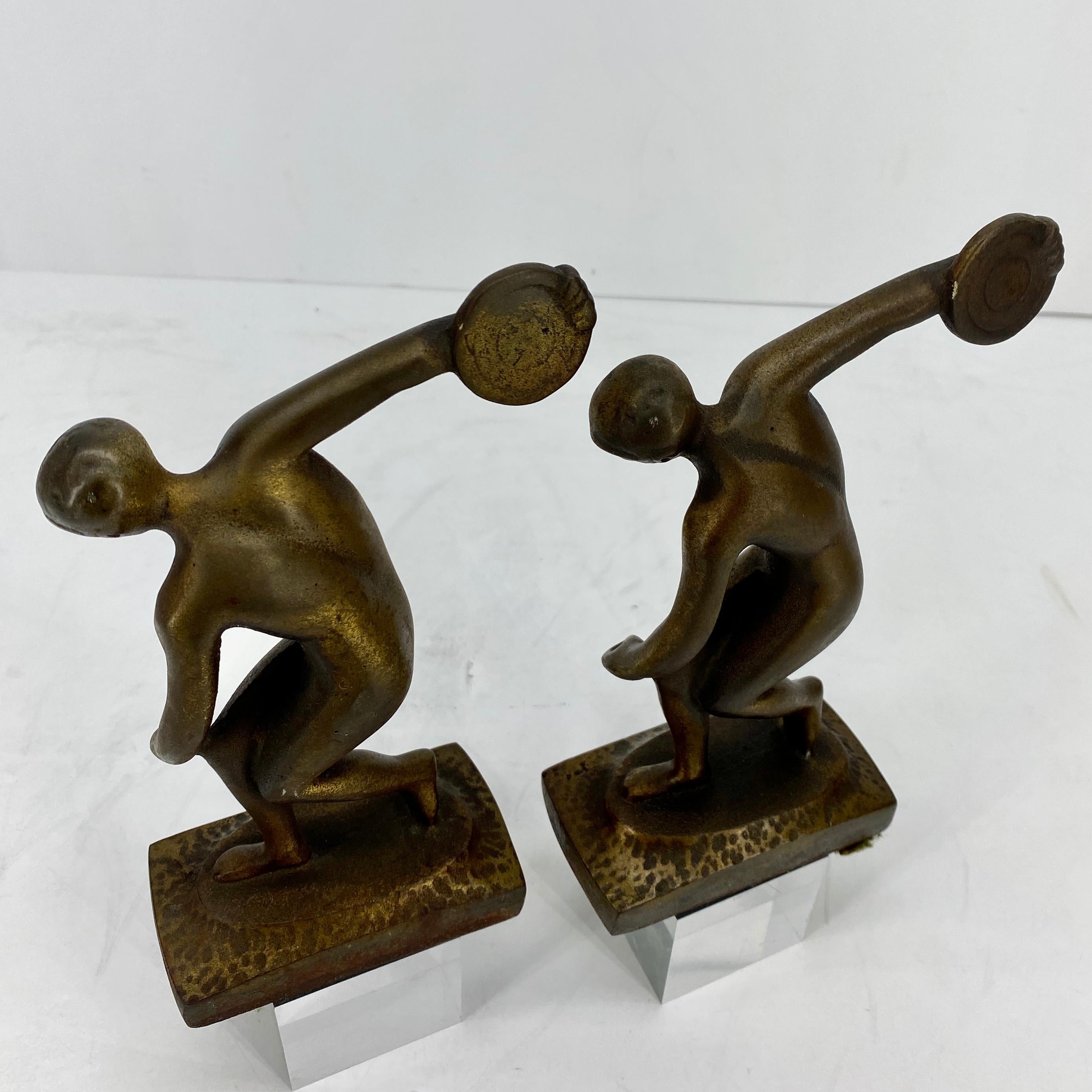 Vintage Cast Iron and Bronzed Overlay Bookends of Male Discus Thrower 10