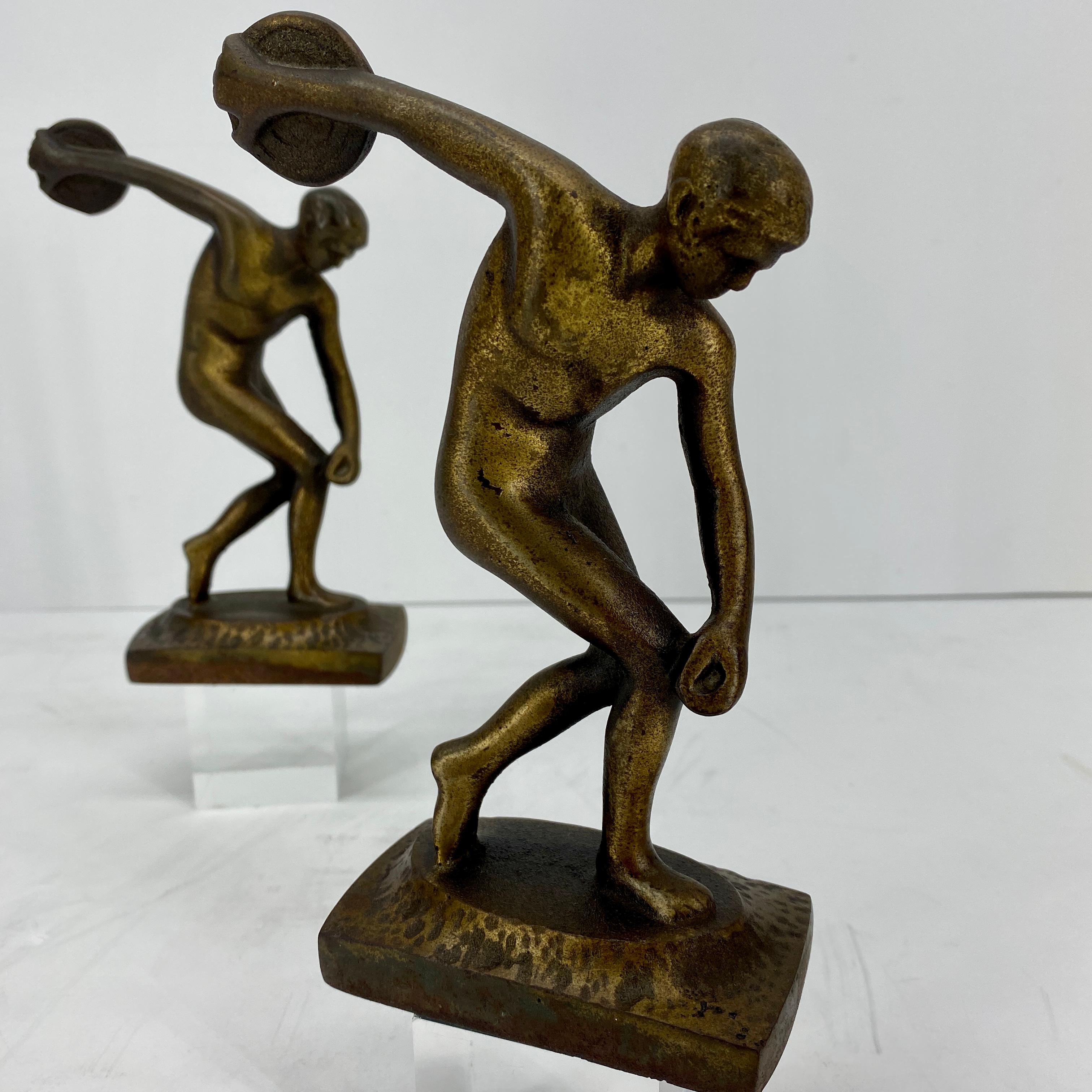 Mid-Century Modern Vintage Cast Iron and Bronzed Overlay Bookends of Male Discus Thrower