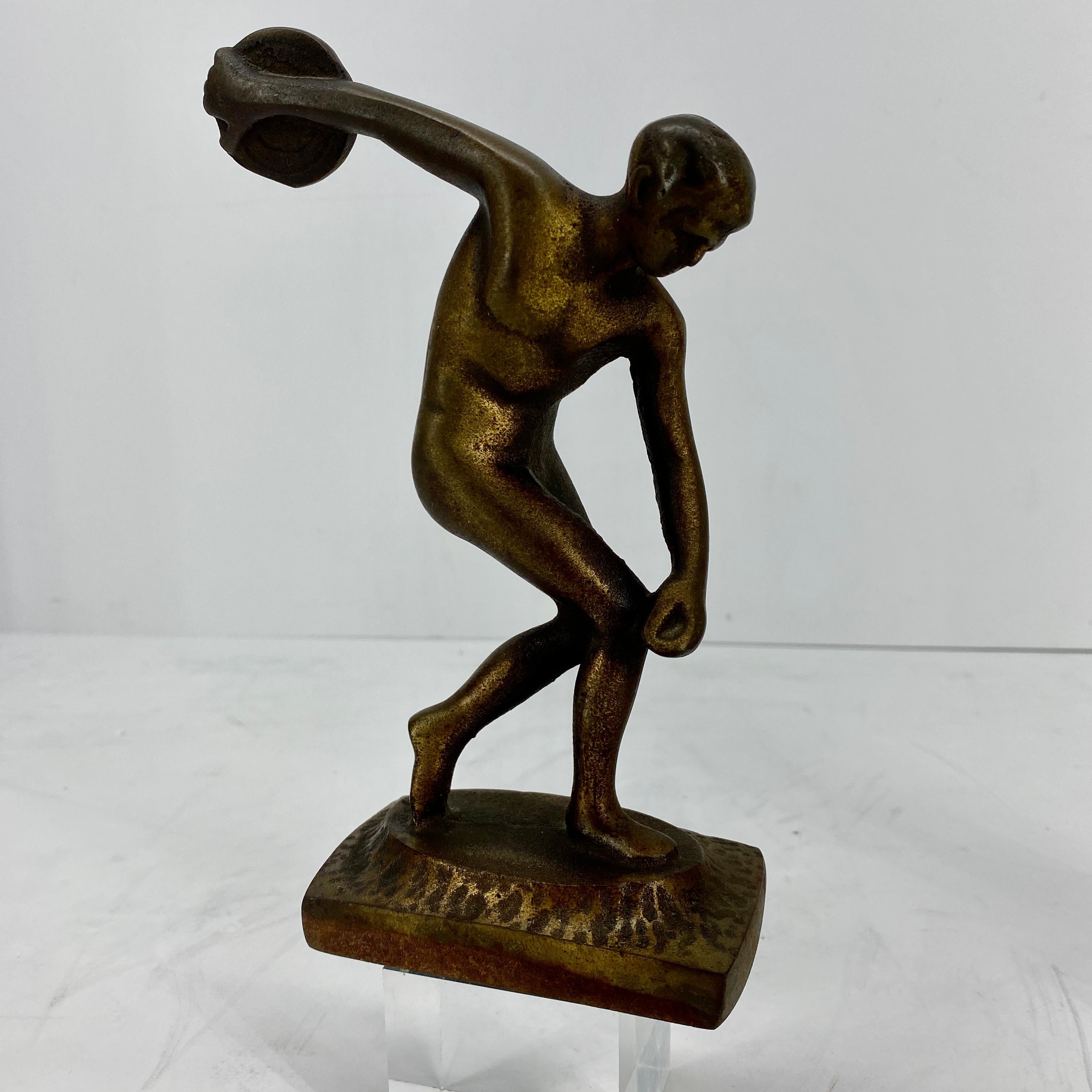Vintage Cast Iron and Bronzed Overlay Bookends of Male Discus Thrower In Good Condition In Haddonfield, NJ
