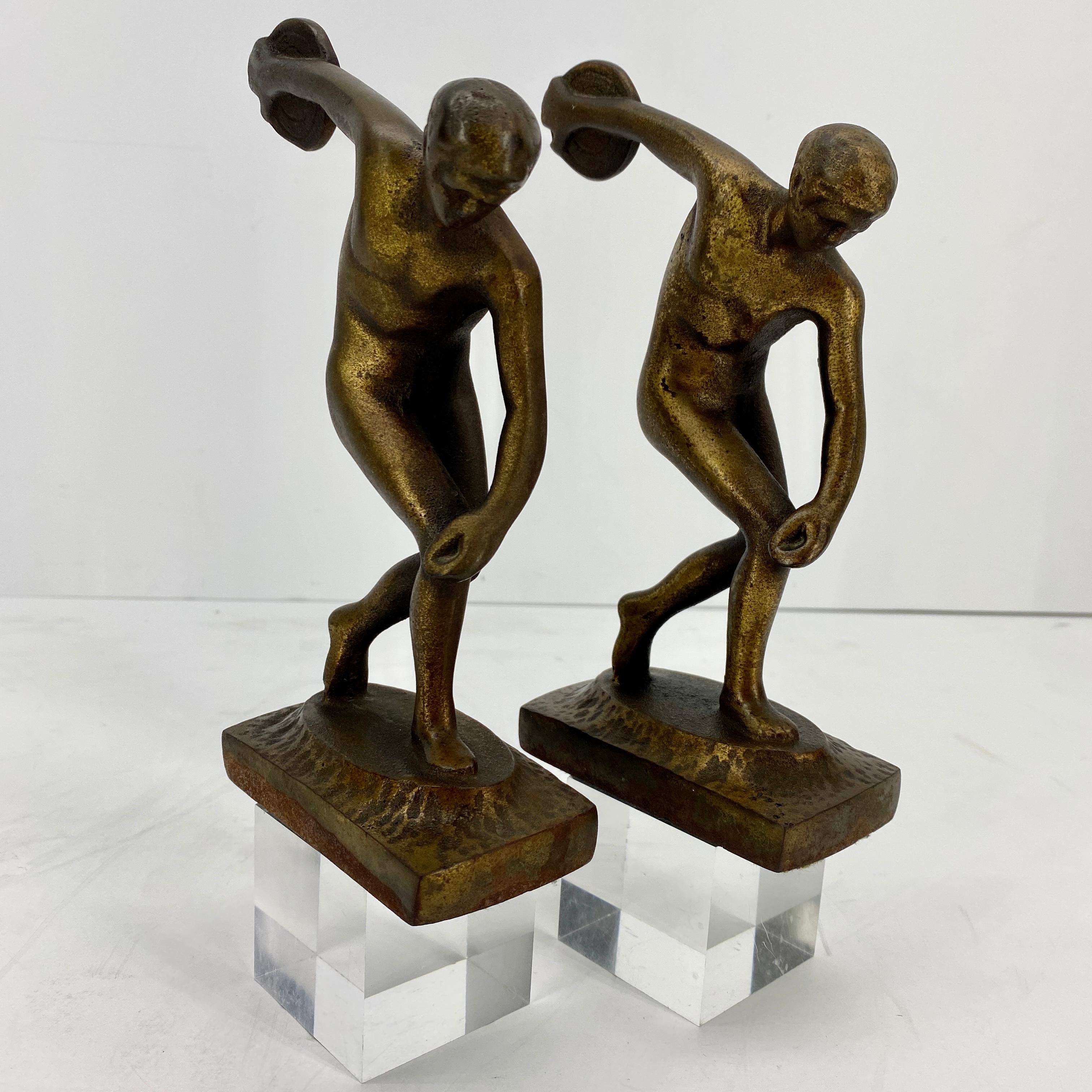 19th Century Vintage Cast Iron and Bronzed Overlay Bookends of Male Discus Thrower