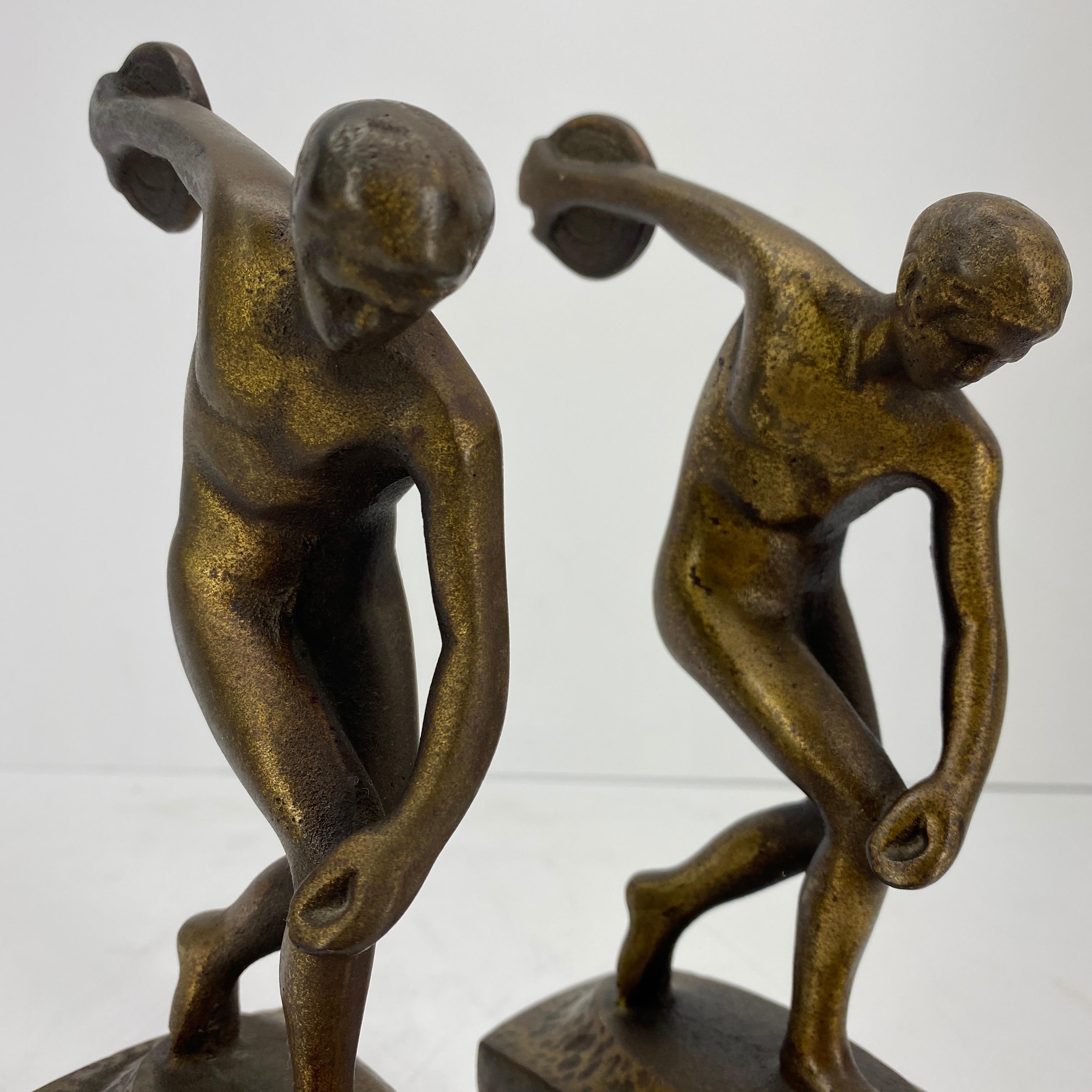 Vintage Cast Iron and Bronzed Overlay Bookends of Male Discus Thrower 1