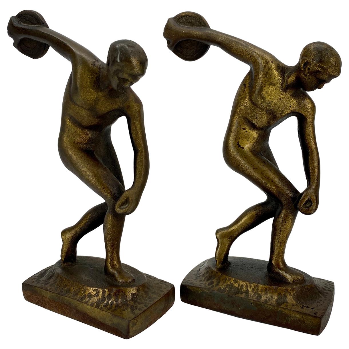Vintage Cast Iron and Bronzed Overlay Bookends of Male Discus Thrower