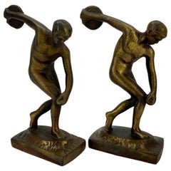 Antique Cast Iron and Bronzed Overlay Bookends of Male Discus Thrower