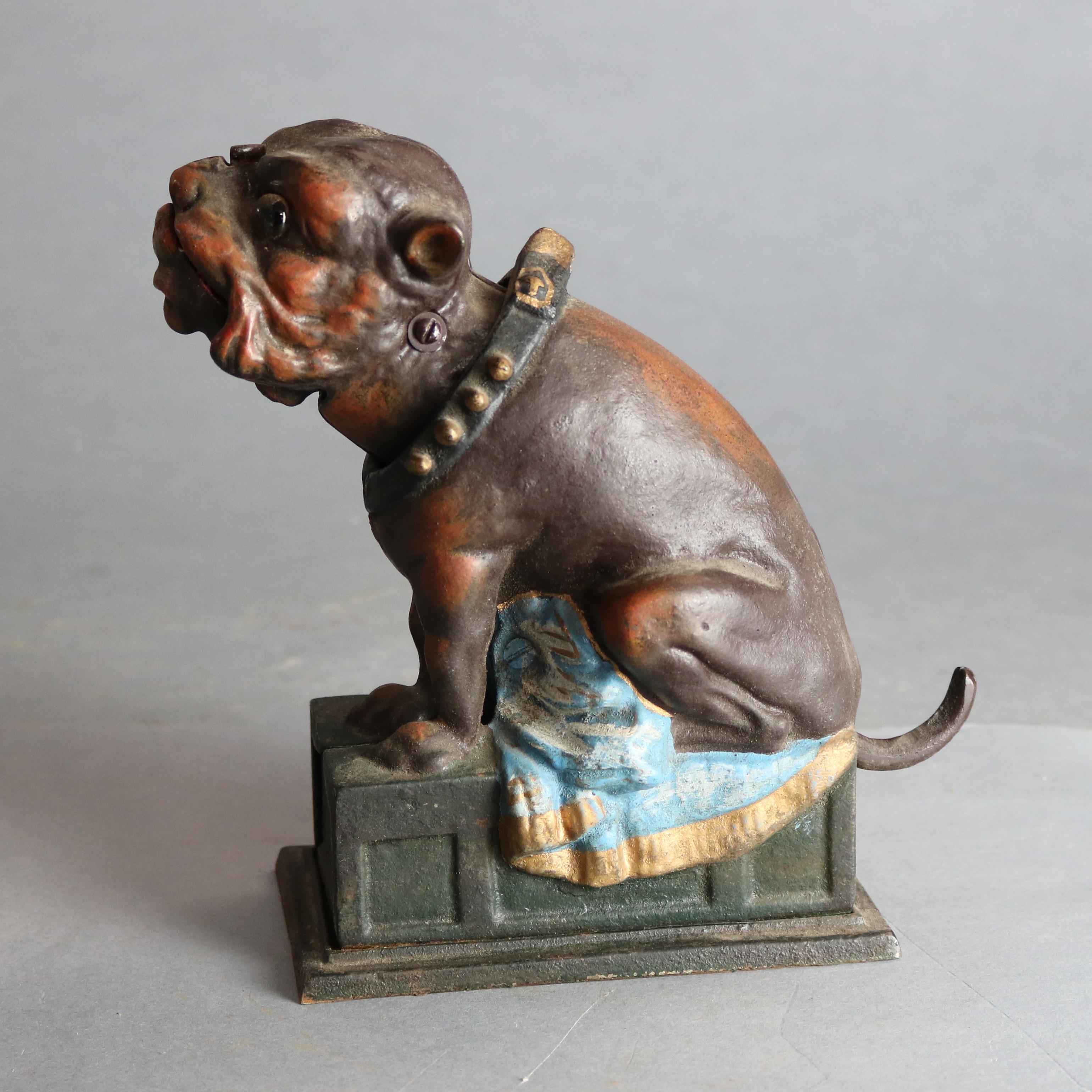 Vintage Cast Iron Book of Knowledge Bull Dog Mechanical Bank, 20th Century In Good Condition In Big Flats, NY