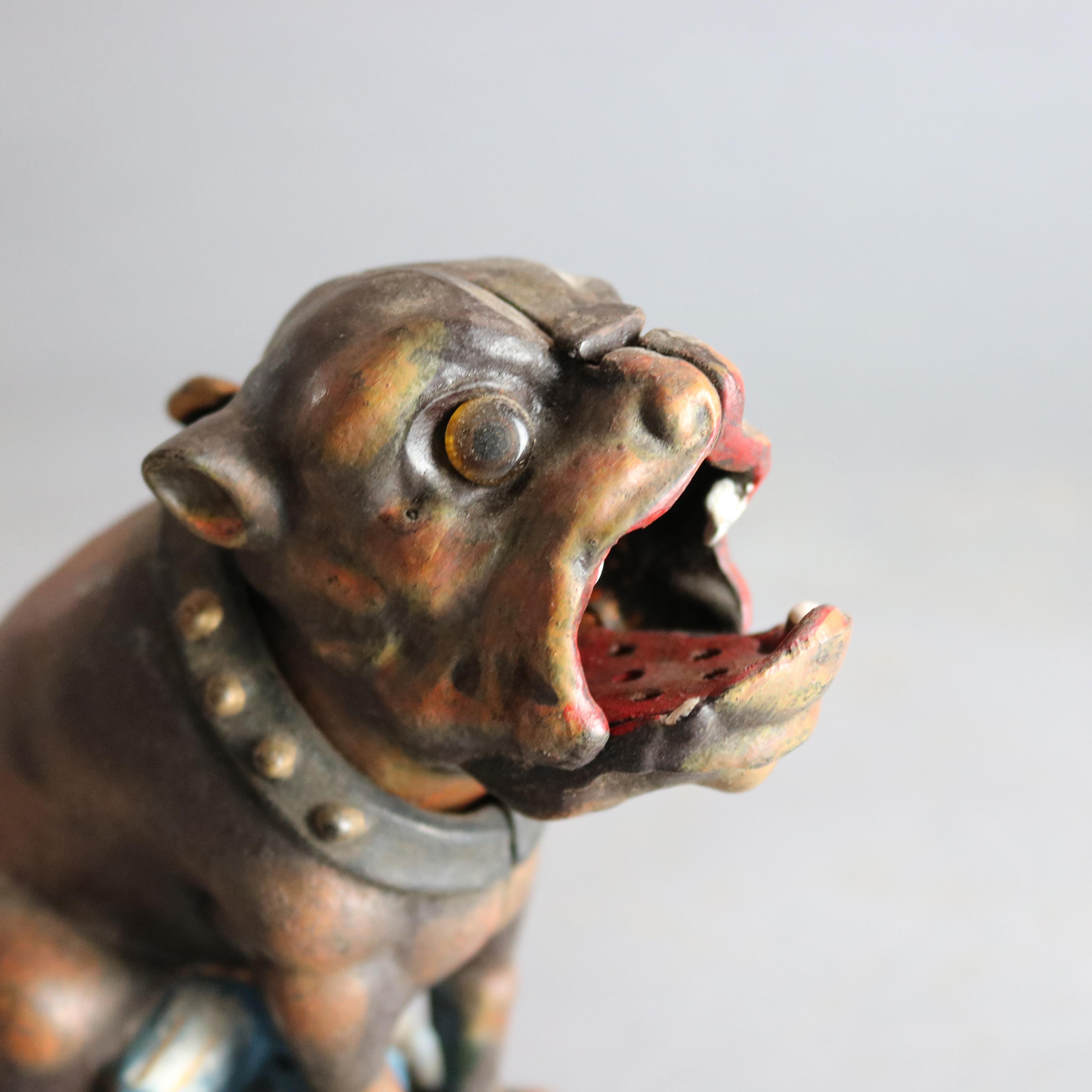 Metal Vintage Cast Iron Book of Knowledge Bull Dog Mechanical Bank, 20th Century