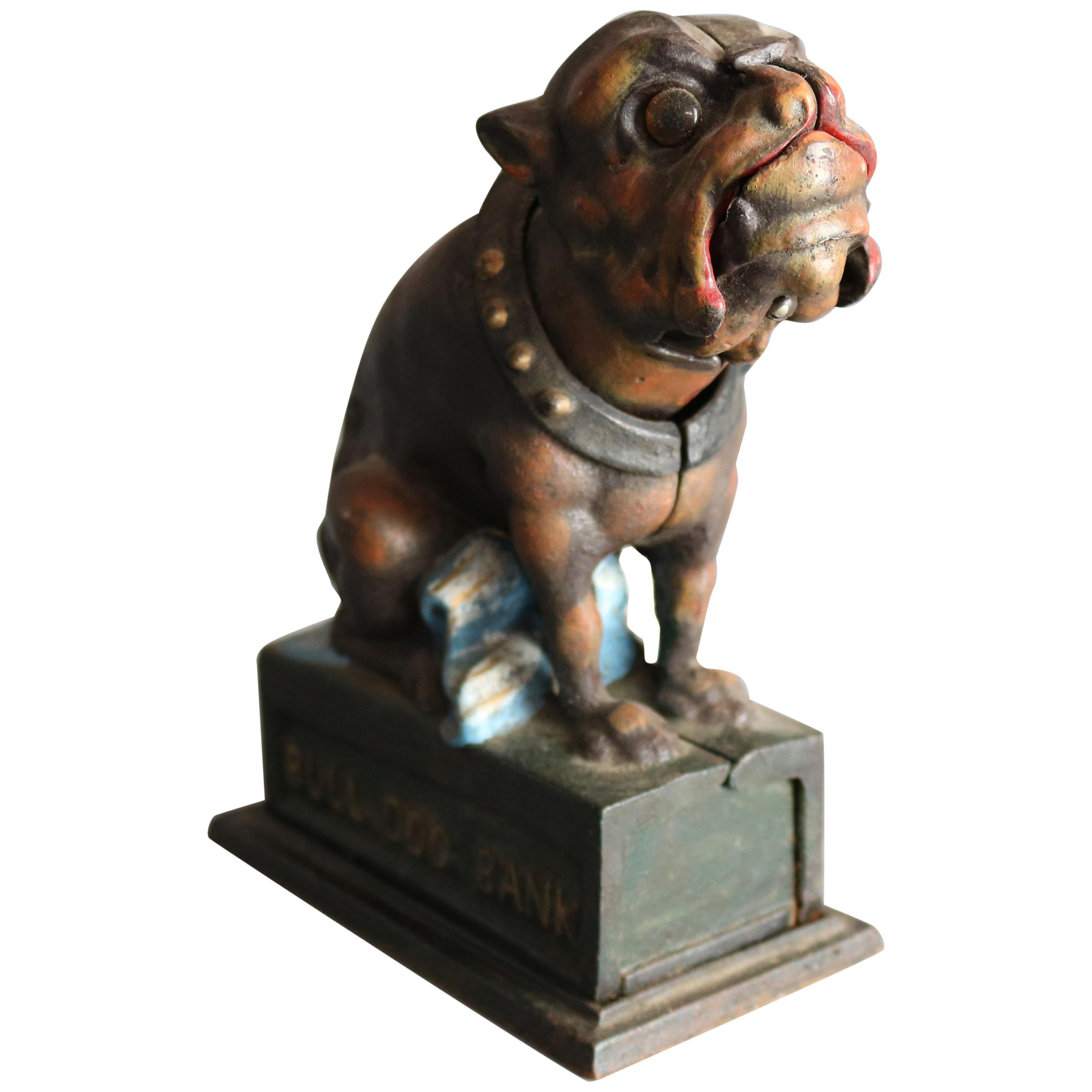 Vintage Cast Iron Book of Knowledge Bull Dog Mechanical Bank, 20th Century