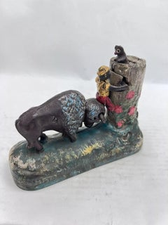 Vintage Cast Iron Book Of Knowledge Butting Buffalo Coin Piggy Bank