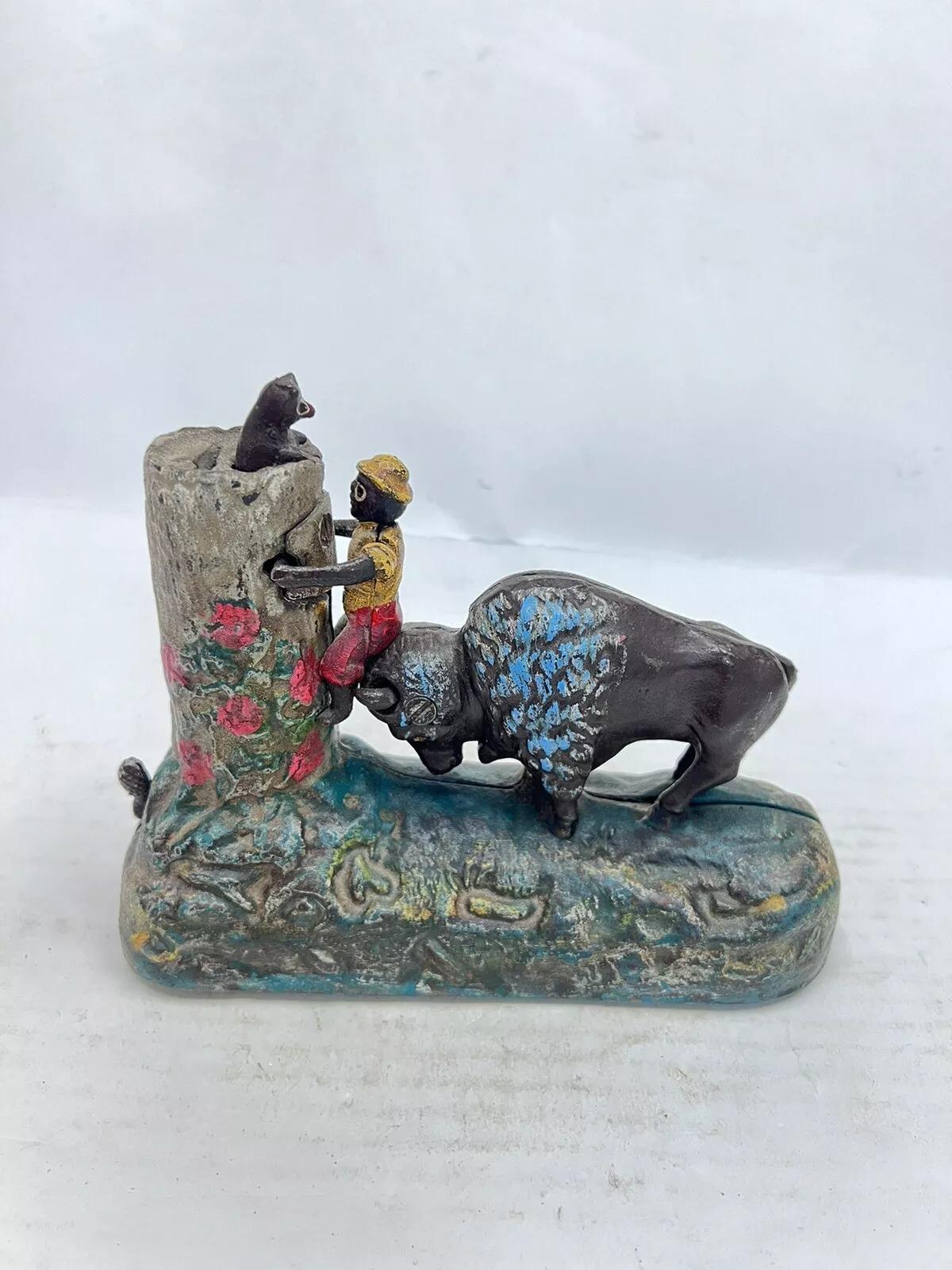Art Deco Vintage Cast Iron Book Of Knowledge Butting Buffalo Coin Piggy Bank For Sale