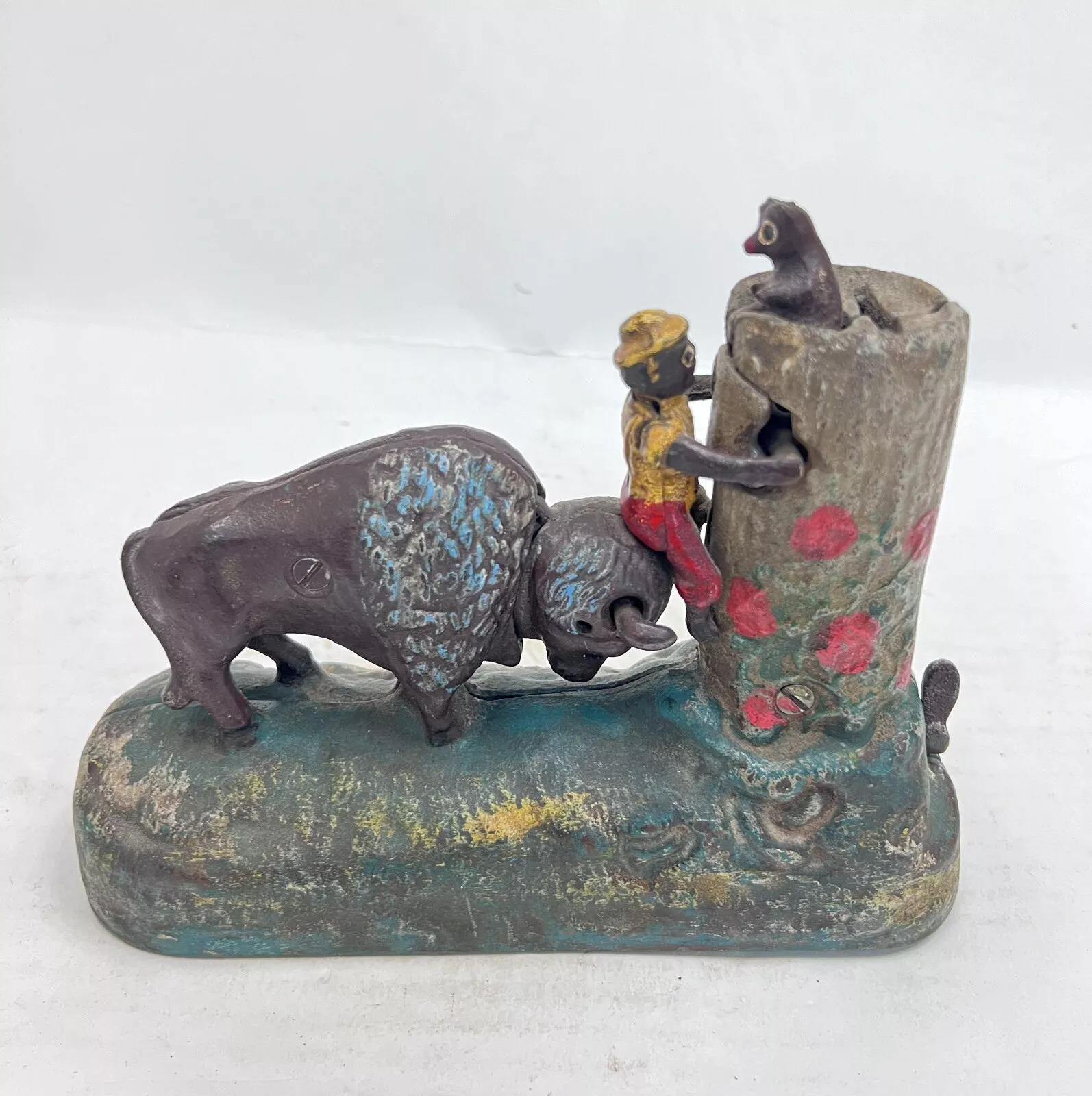 Unknown Vintage Cast Iron Book Of Knowledge Butting Buffalo Coin Piggy Bank For Sale