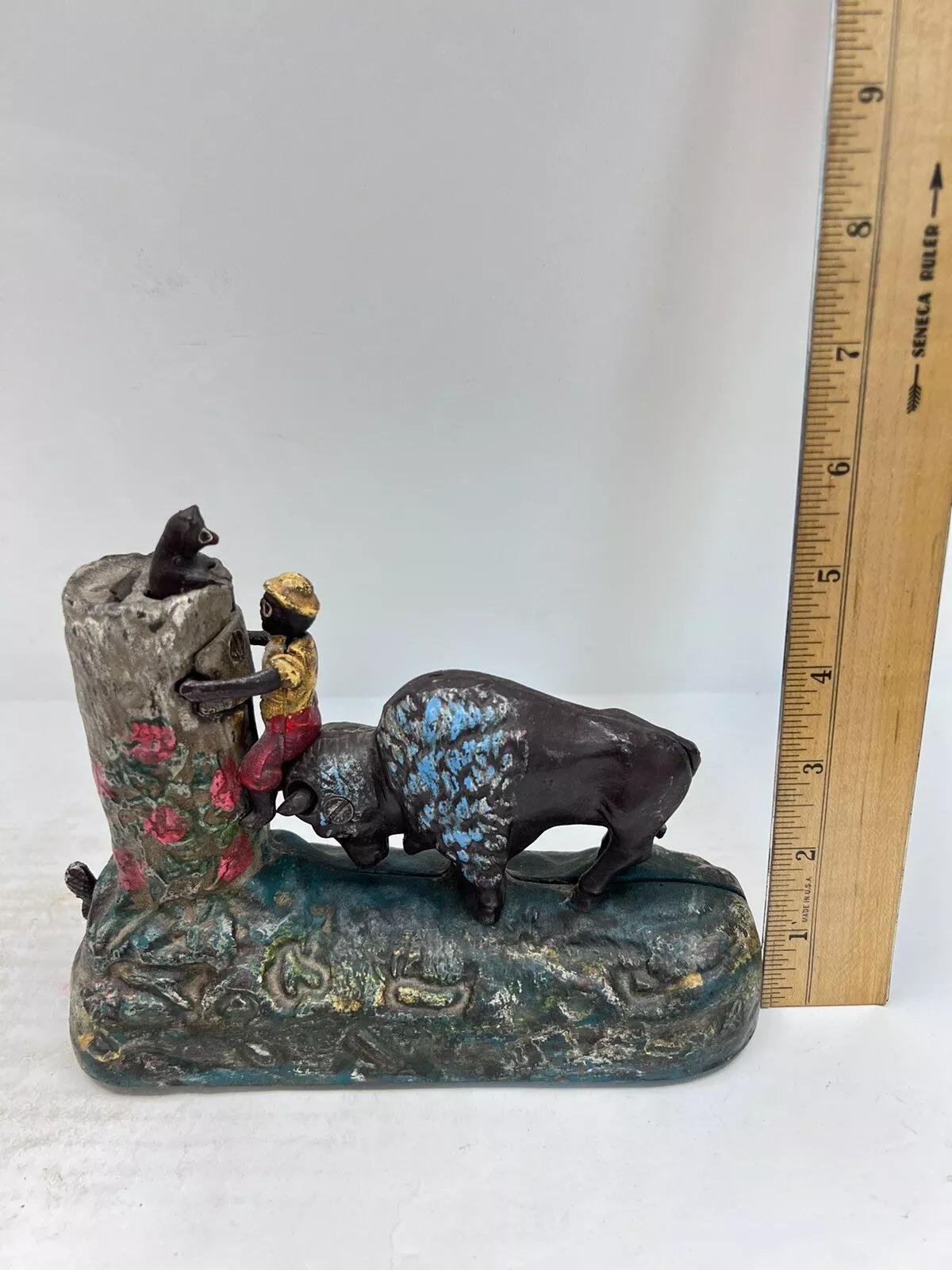 Vintage Cast Iron Book Of Knowledge Butting Buffalo Coin Piggy Bank For Sale 3