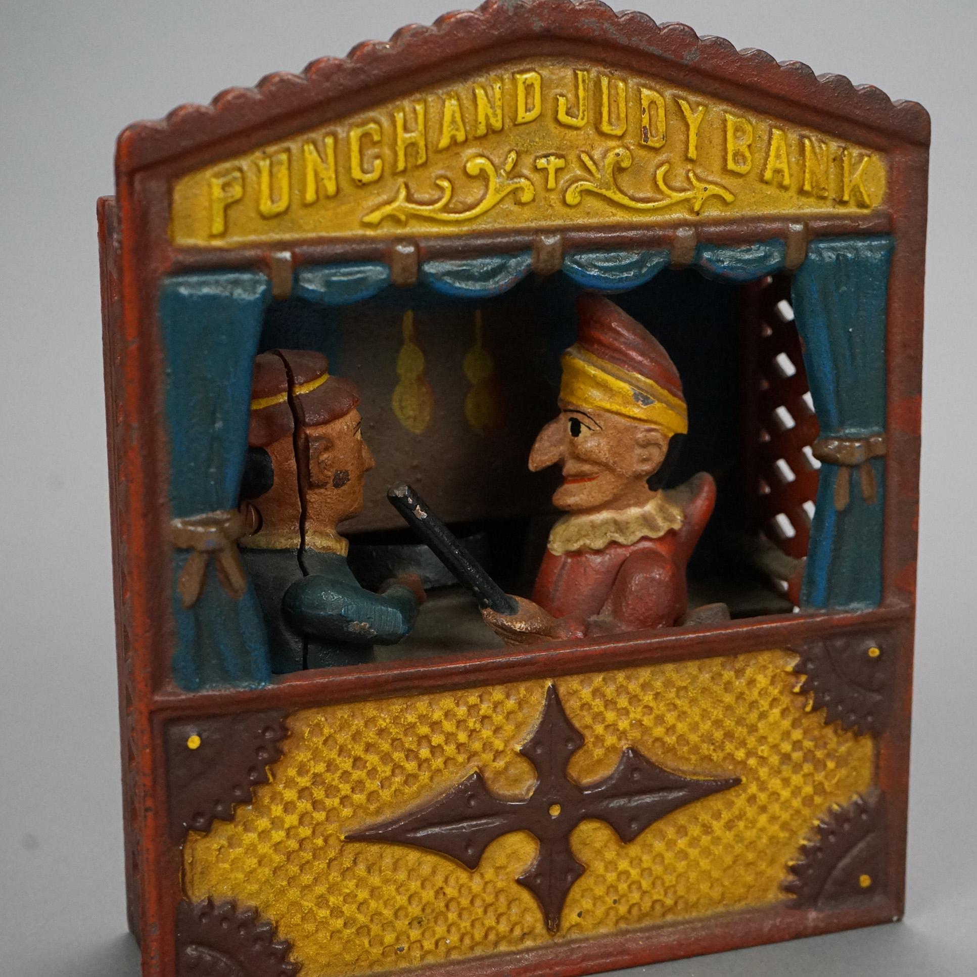 Vintage Cast Iron Book of Knowledge Mechanical Bank, Punch & Judy, 20th Century In Good Condition In Big Flats, NY