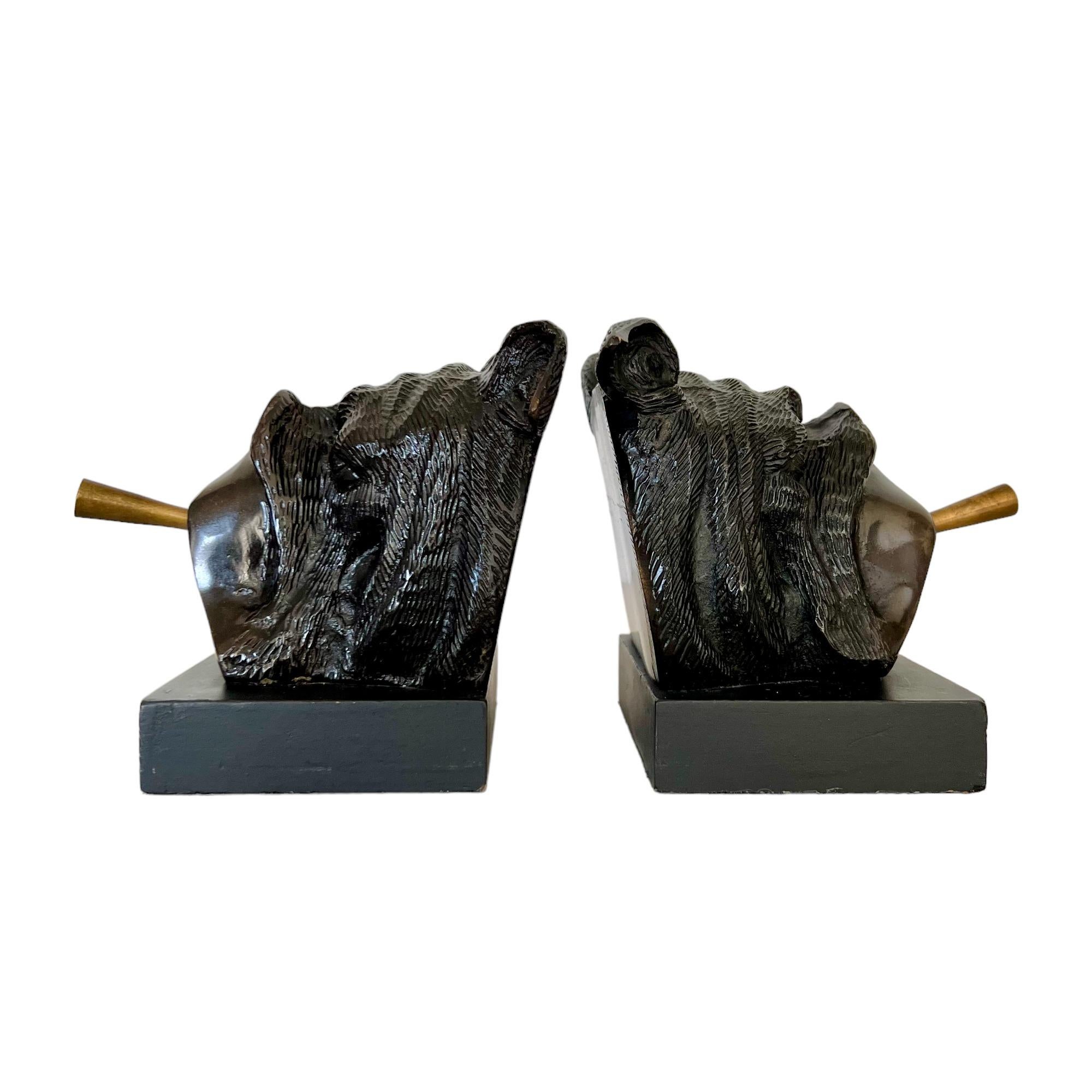 American Vintage Cast Iron & Brass Cigar Smoking Bulldog Bookends - a Pair