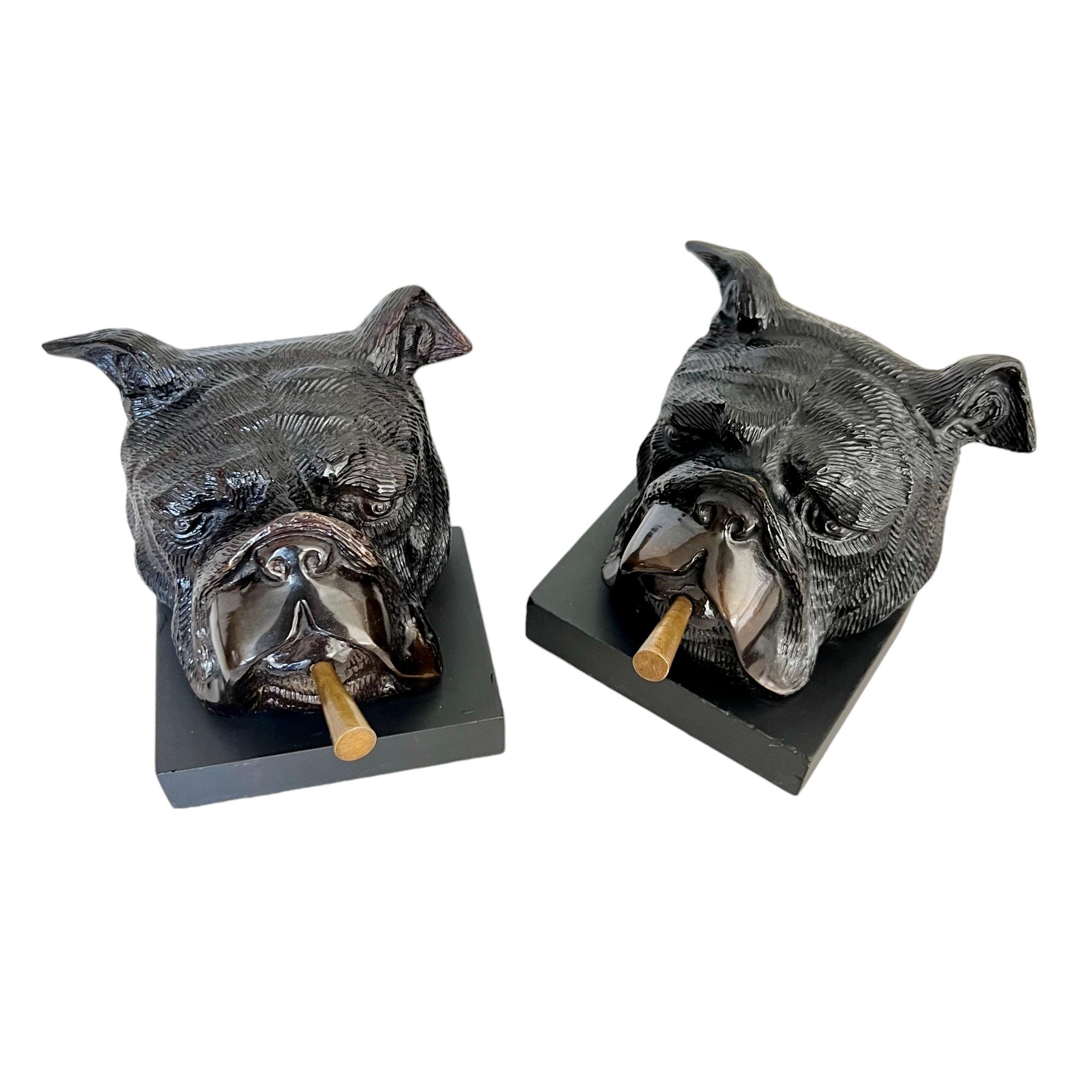 Vintage Cast Iron & Brass Cigar Smoking Bulldog Bookends - a Pair 3