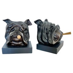 Vintage Cast Iron & Brass Cigar Smoking Bulldog Bookends - a Pair