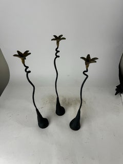 Vintage Cast Iron Candlesticks With Brass Flower Candle Holders - A Trio