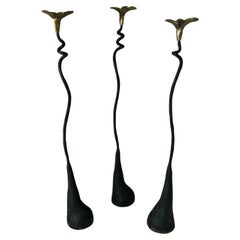 Vintage Cast Iron Candlesticks With Brass Flower Candle Holders - A Trio