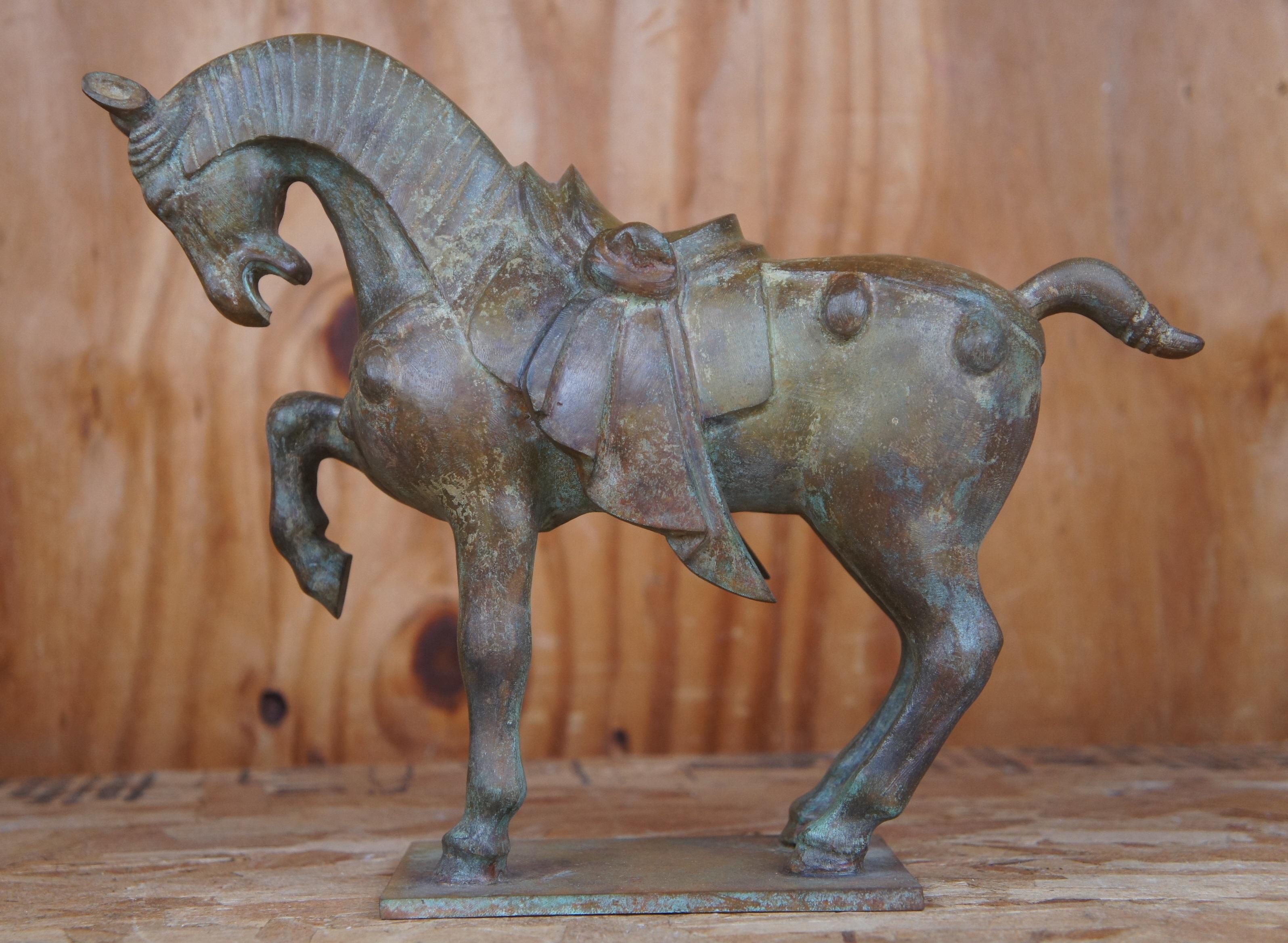 20th Century Vintage Cast Iron Chinese Tang Dynasty Warrior Horse Sculpture Statue