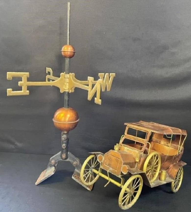 This vintage weathervane is made from cast iron, copper, and brass and is a rare piece of American folk art. This weathervane consists of a 19l0 Model T Ford that is crafted from cast brass and copper sheeting, welded together with upscaled brass