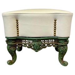 Vintage Cast Iron + Cream Leather Footstool w/ Nailhead Accents